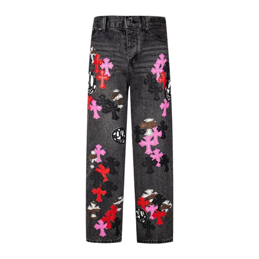 Chrome Hearts Multi Cross Patch Denim Jeans - Grey Gothic Street Pants 1111