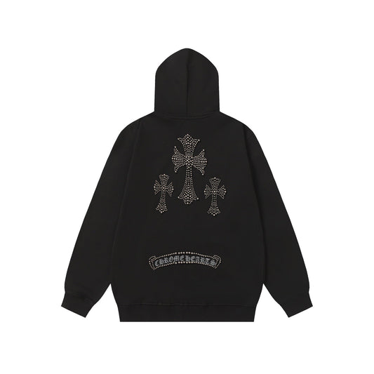 Chrome Hearts Rhinestone Cross Hoodie - Black Gothic Streetwear Sweatshirt 2633